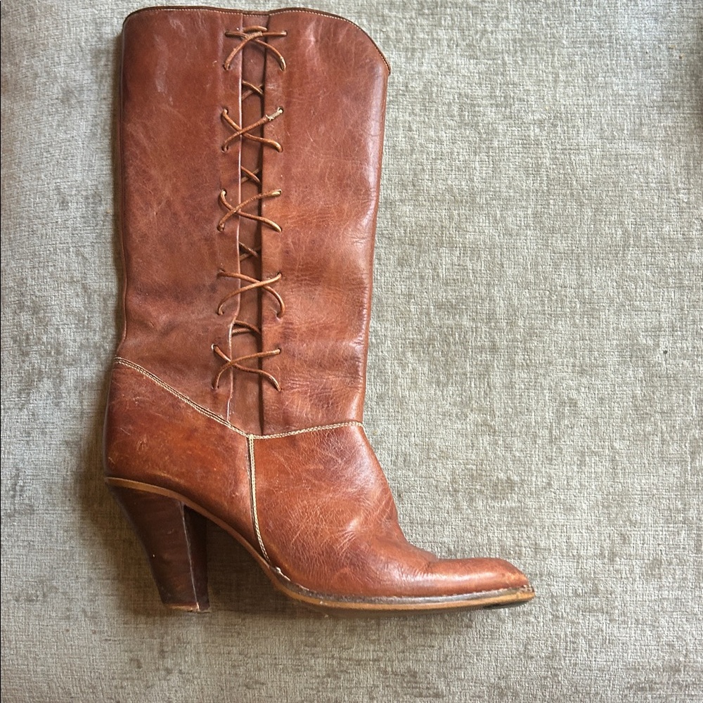 Vintage Tan Leather Lace-Up Heeled Boots